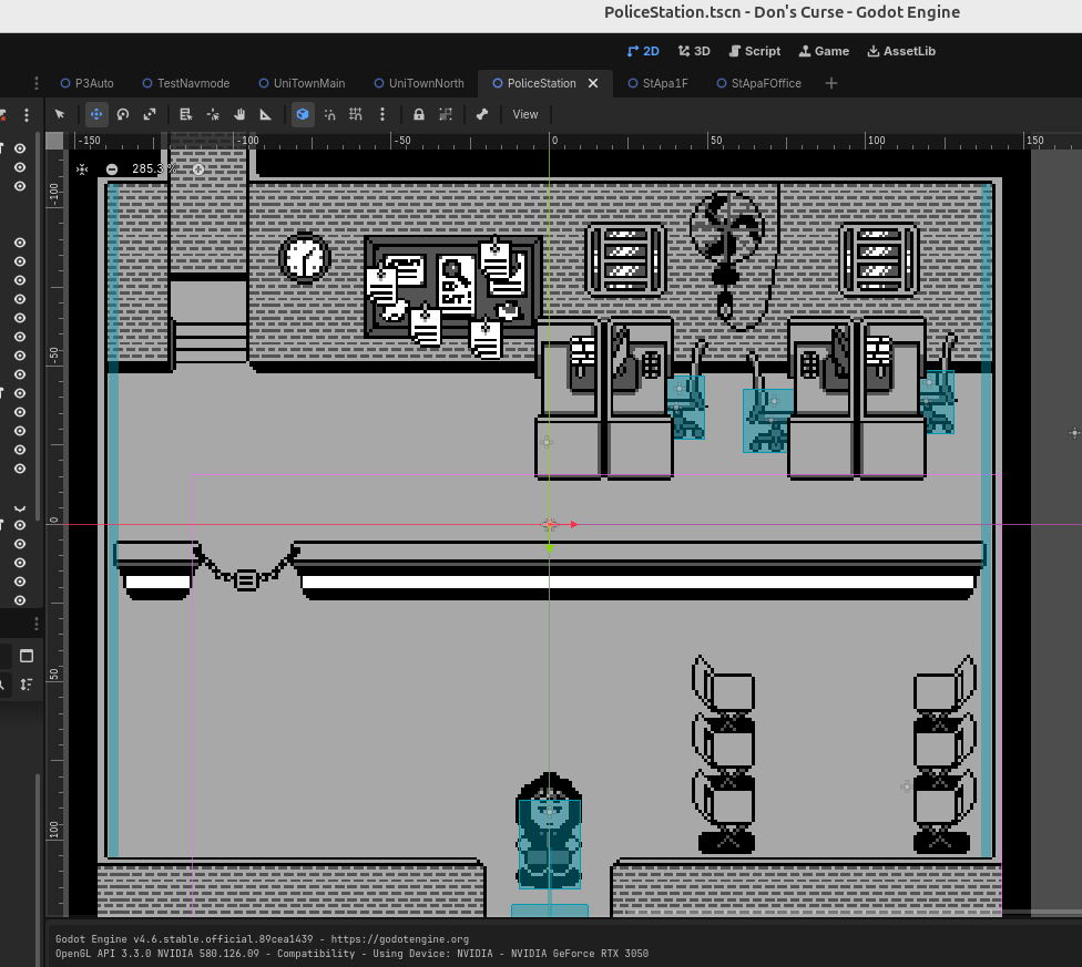 rafaiska_gdev's tweet photo. Worked on University Town Police Station today. It still needs more collision shapes and NPCs, though. 🦥 #indiegamedev #gameboy #pixelart https://t.co/o85IpSwu7f
