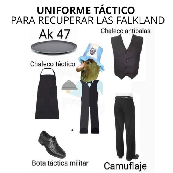 🚨 Tiembla el R. U. 🇬🇧 porque Hambrientina 🇦🇷 adquirió armamento pesado para recuperar las Falkland.

“Esta vez no las perderemos en 5 minutos como en 1982”, declaró el Ministro de Defensa, y agregó que “considerarían cobrar 15% de propina en caso extremo”.

- Reporte del Rey