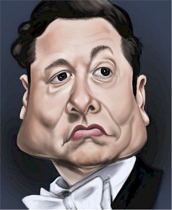 These caricatures of Musk are really something! (From the BadFaithTimes website.)