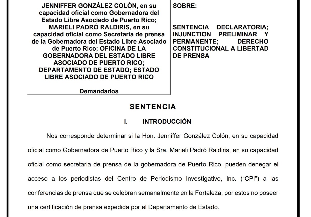 RafelliLaw's tweet image. ⚖️ El Tribunal de Primera Instancia de San Juan, falló a favor del CPI y declaró inconstitucional que la gobernadora Jenniffer González y su secretaria de prensa en La Fortaleza Marieli Padró exijan credencial del Departamento de Estado como requisito para entrar a conferencias.