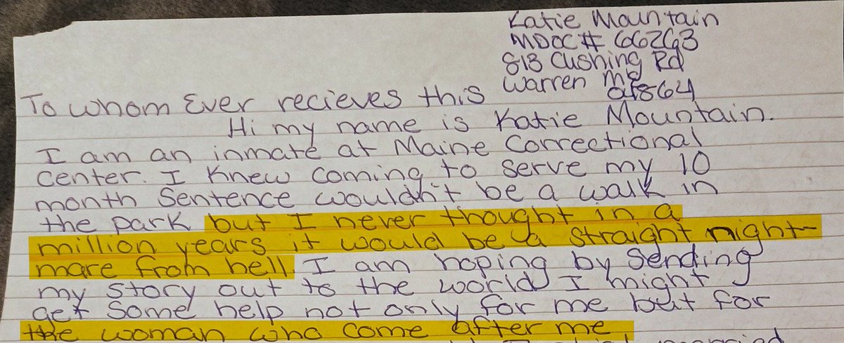 unquirer's tweet image. "Nightmare from hell" - Female Inmate In Maine Prison
(another biological male placed in female prison)

This is what Janet Mills fought Trump on - to uphold the Maine Human Rights Act which allows this to happen.  Check out @SteveRob  for the full letter.

This needs national