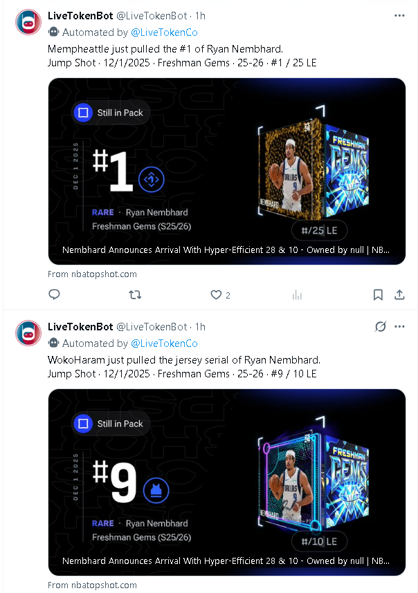 mempheattle420's tweet photo. I just find this hilarious that Ryan Nehmbard's Freshman Gems #1 Hexwave and Jersey Serial #9 Jukebox was pulled around the SAME TIME!!!! @NBATopShot #PackPulls https://t.co/SAsgn4aIYZ