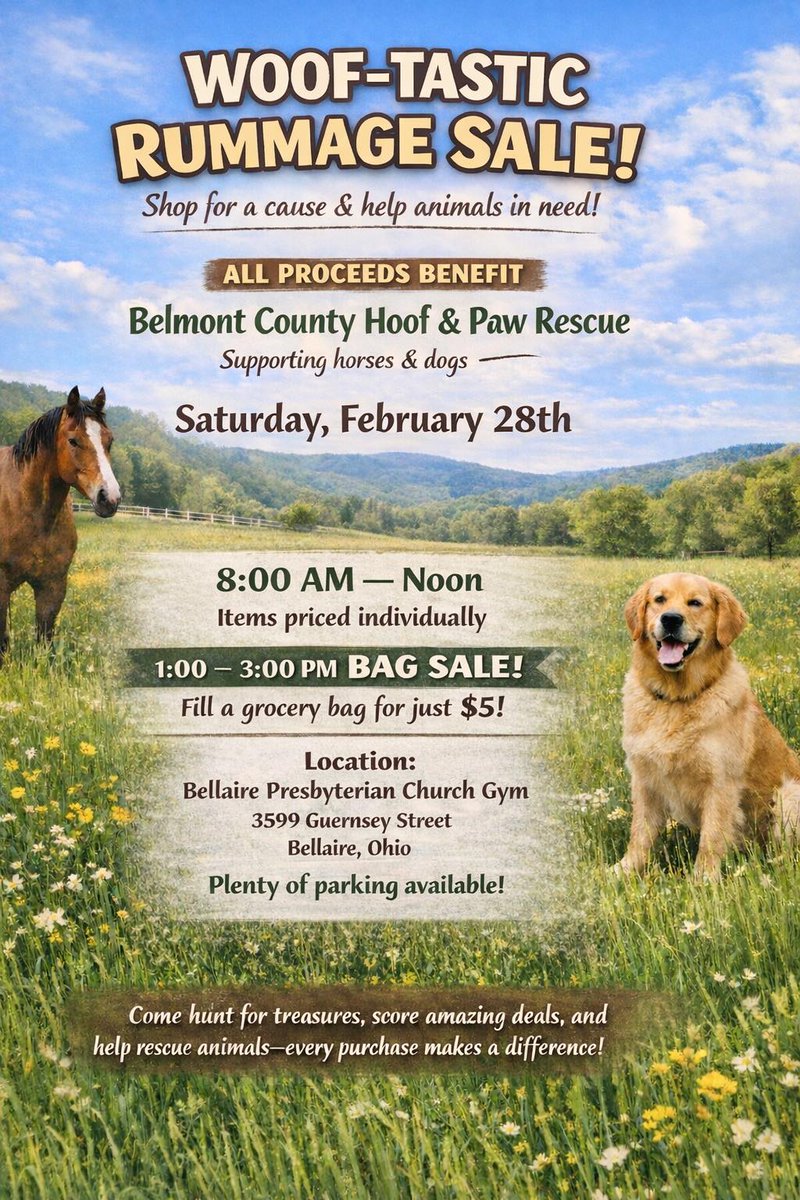 JessiMThrasher's tweet photo. Lend a paw to the Belmont Count Hoof &amp; Paw Rescue by shopping at their upcoming rummage sale! On Feb. 28, the Bellaire Presbyterian Church will host the sale. From 8:00 a.m. to noon, items are individually priced, but from 1 p.m. to 3 p.m. you can fill a grocery bag for only $5! https://t.co/tCB1yDOeA1