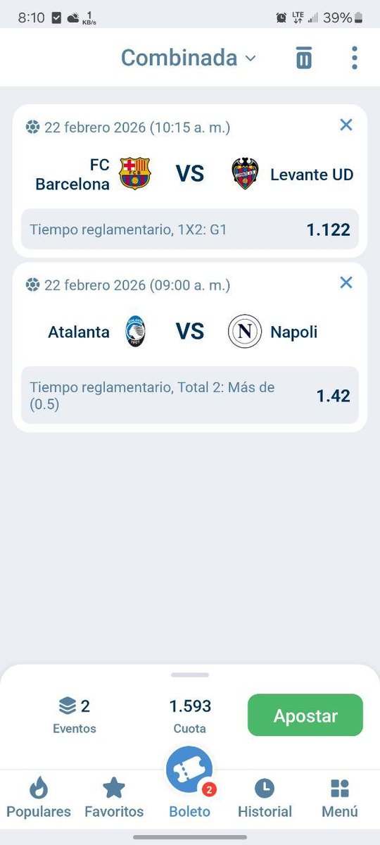 ¡OTRO VERDE ADENTRO! ✅🔥 
Acertamos con el Barça y Napoli y nos llevamos un Stake 3 a cuota 2.54. 💸 
A partir de ahora en el canal cambiamos la estrategia: vamos por cuotas más seguras (1.4 a 1.7) para buscar un x3 en pocos pasos. Menos riesgo diario, rentabilidad a largo plazo