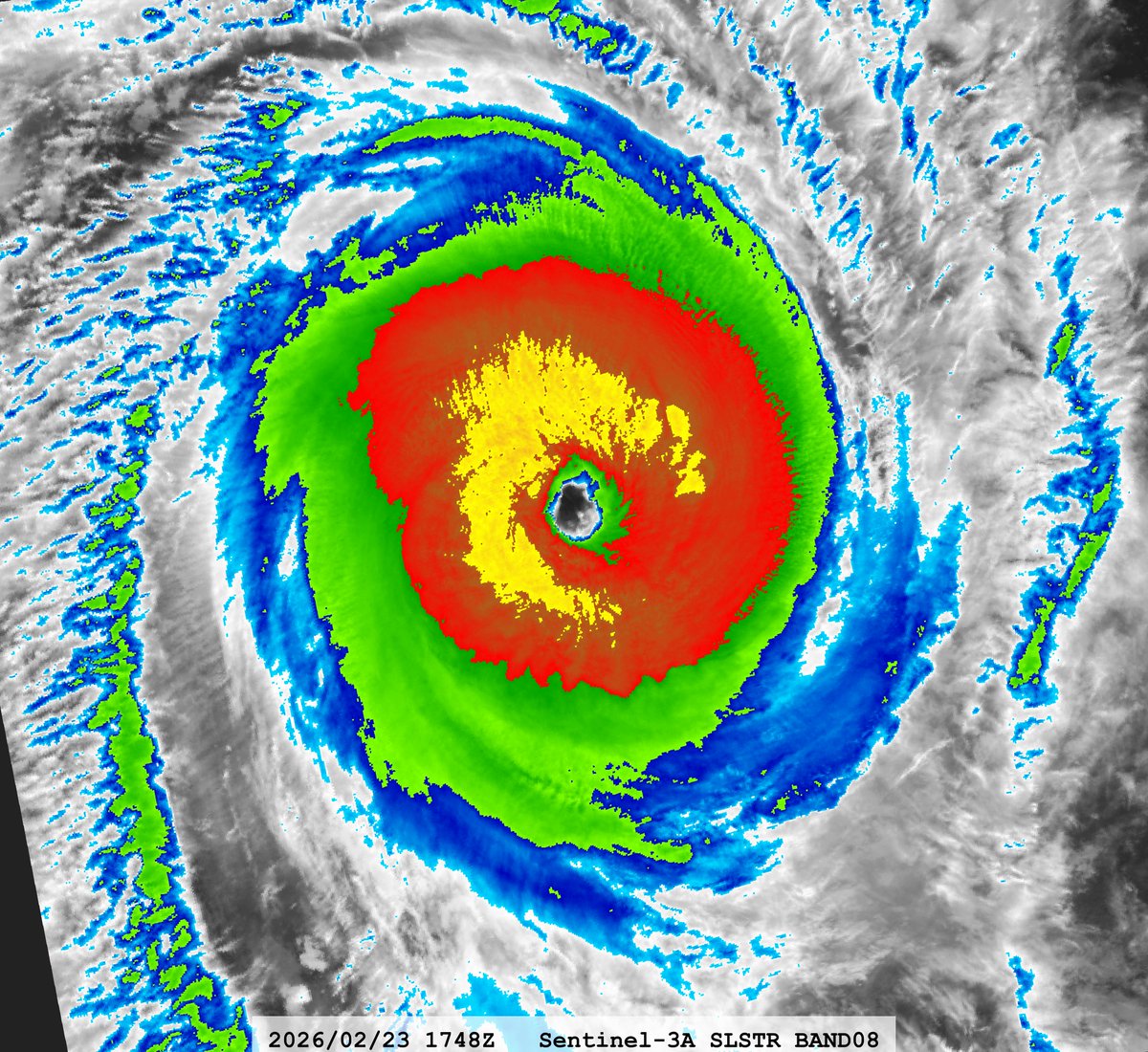 #22S Tropical Cyclone #HORACIO
Satellite: #Sentinel3A #SLSTR
Channel : #SLSTR S8 (10.854 µm) 1-km
Time : 2026/02/23 1749Z
Eye Temp : 22.78 °C
Data Source : Copernicus L1B
CPA : ~105 km