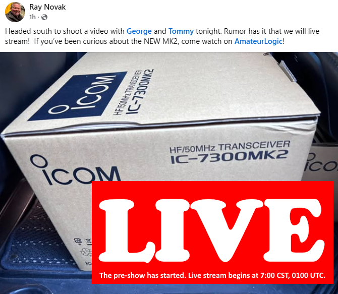 The pre-show has started. Live stream begins at 7:00 CST, 0100 UTC.
live.amateurlogic.tv