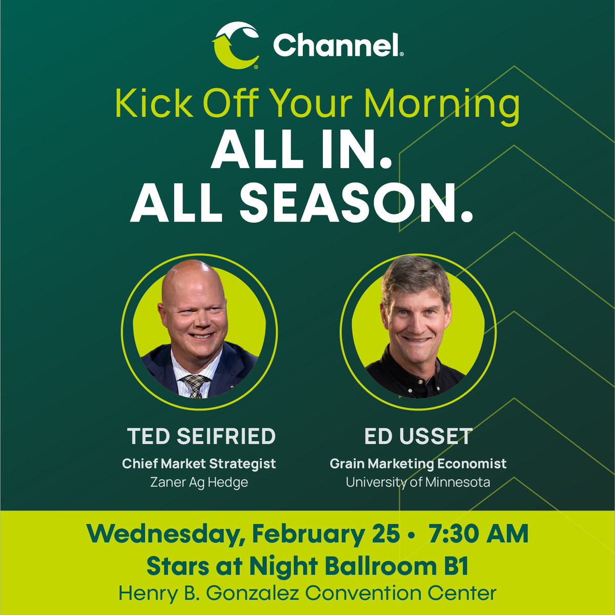 ChannelSeed's tweet image. Joining us at @ComClassic? ⏰ Kick off your morning tomorrow All In. All Season. with Chief Market Strategist @TheTedSpread &amp;amp; University of Minnesota Grain Marketing Economist @EdUsset as they share practical strategies to navigate 2026 market volatility. #ChannelingUp