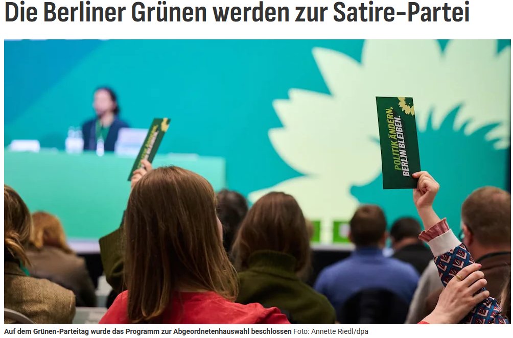 Keine Frage, die Berliner Grünen wirken mit ihren Forderungen nach der baldigen Abschaltung des Berliner Gasnetzes, kopftuchtragenden Polizistinnen und der Aufnahme von „Klima-Flüchtlingen“ aus aller  Welt wie eine Satire-Partei.
Aber viel schlimmer ist, dass immer noch rund 16%