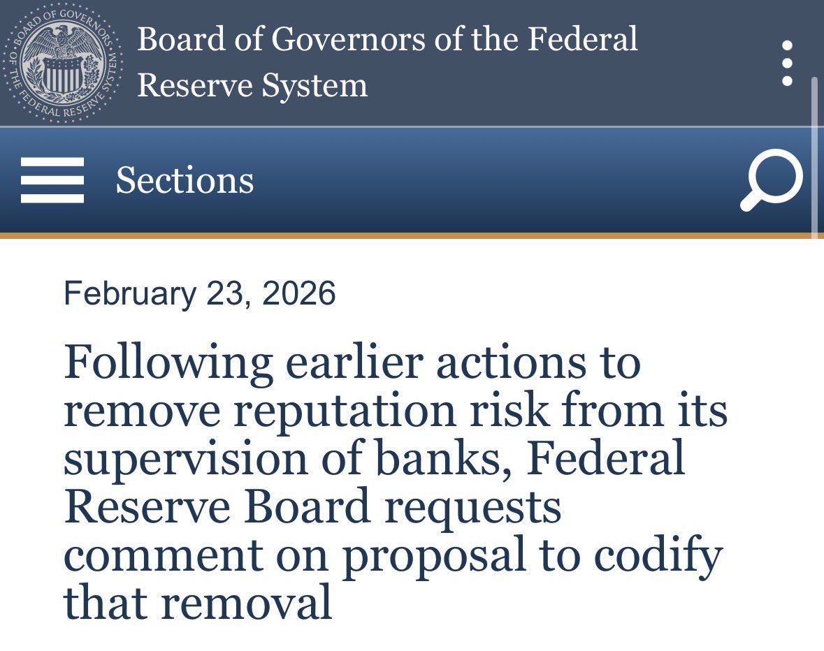 Fed removes reputation risk policy that was unfairly targeting digital asset companies.

Paving the road for Ripple National Bank.✅