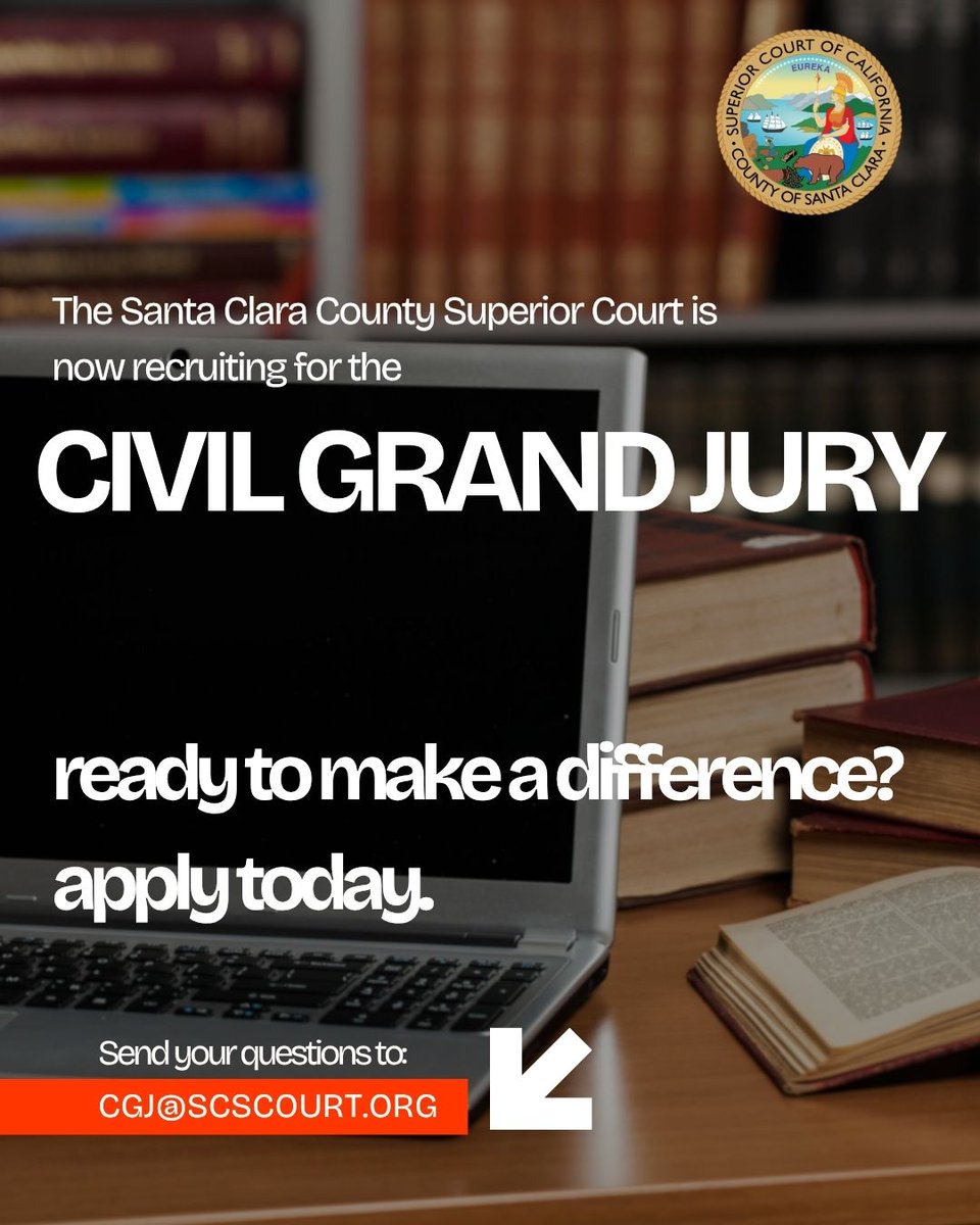 The <a href="/SCSCourt/">Santa Clara County Superior Court</a> is currently recruiting Santa Clara County residents who are interested in serving on the Civil Grand Jury.

For more information:
📞 408-882-2721
📧 cgj@scscourt.org
🌐 scscourt.org/cgj

Apply today and make a difference!
