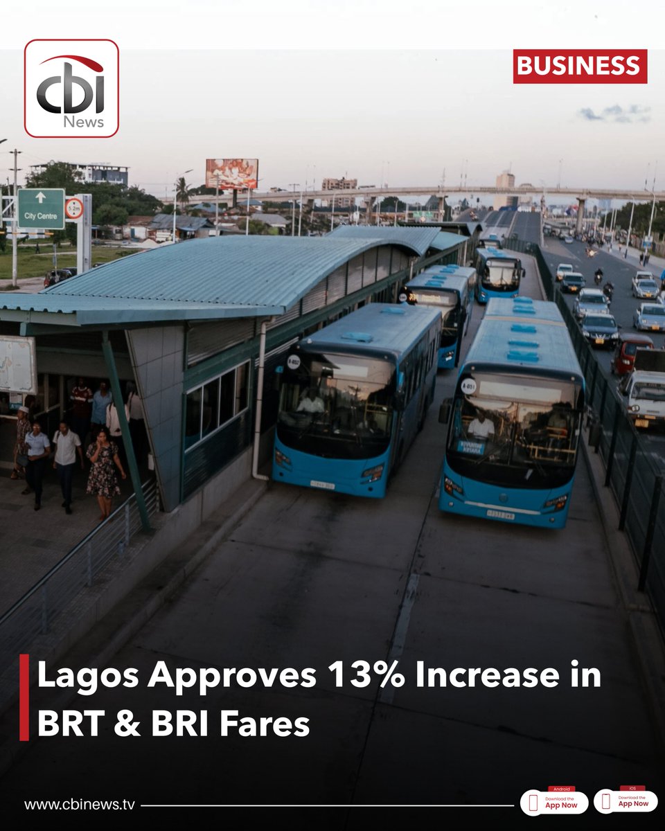 cbinewstv's tweet photo. Lagos Approves 13% Increase in BRT & BRI Fares

The Lagos Metropolitan Area Transport Authority has announced a 13% increase in fares for Lagos’ BRT and BRI buses, set to begin on Monday, March 2, 2026. The agency says the adjustment is necessary to keep public transport running amid rising operational costs and inflation.

Commuters across Lagos are advised to plan accordingly as the new fare structure takes effect. The state government says the review will help maintain safer and more reliable transportation services.

#CBINewsTV #Lagos #BRT #Transportation #NigeriaNews