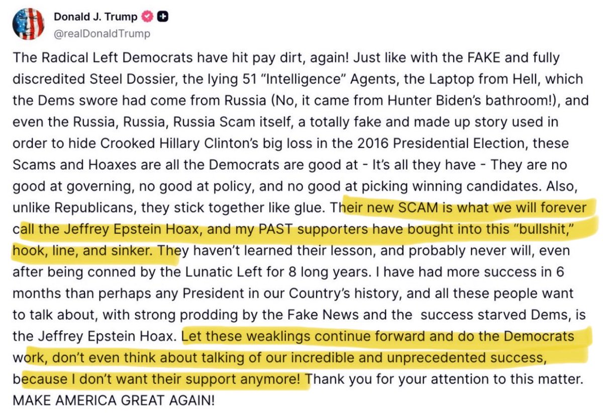 DoofyOfficial's tweet photo. @BrilynHollyhand He didn’t “release the Epstein files to the public”. There are still millions of files he is refusing to release. If it’s all a hoax, why isn’t he releasing them? 

“I don’t want their support anymore!” https://t.co/YvoFFh4iRk