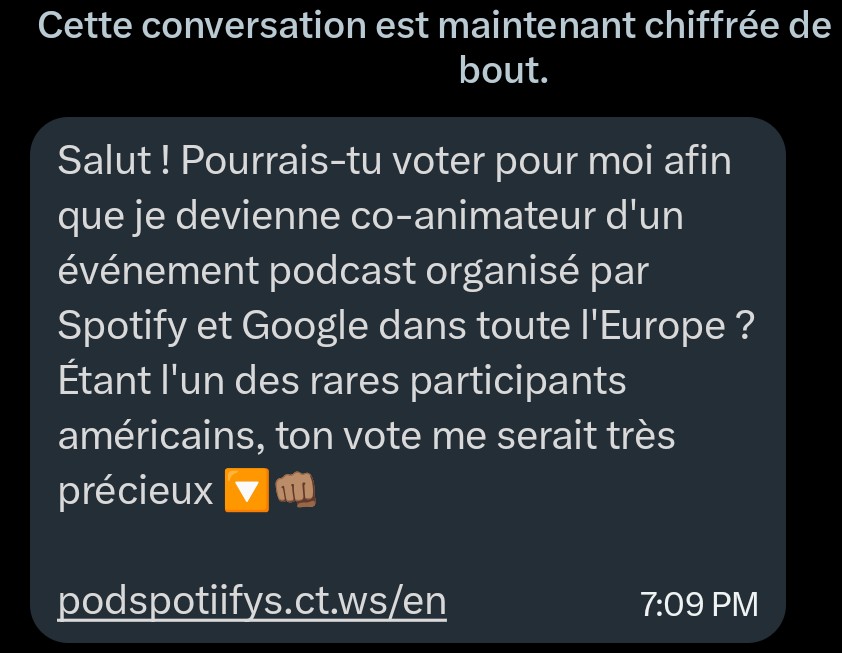 Hors Spurs 

Les gars faites très attention ⚠️ y'a énormément de compte autour de la communauté basket fr qui se font hack et derrière les compte hack envoie ce message pour avoir encore plus de compte

Y'a trop de comptes que je vois se faire avoir alors faite gaffe

⚠️ ⚠️ ⚠️ ⚠️