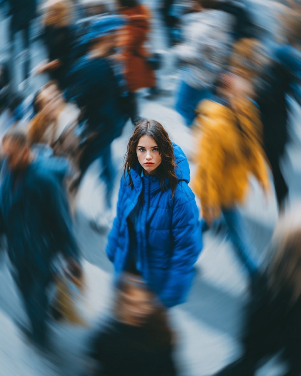 Kashberg_0's tweet image. Google Gemini Nano Banana Pro 

Prompt 1:

Prompt 1:
Ultra-realistic cinematic street portrait of a young woman in a bright blue puffer jacket standing still in the middle of a busy city crowd, intense eye contact with camera, shallow depth of field, motion-blurred pedestrians