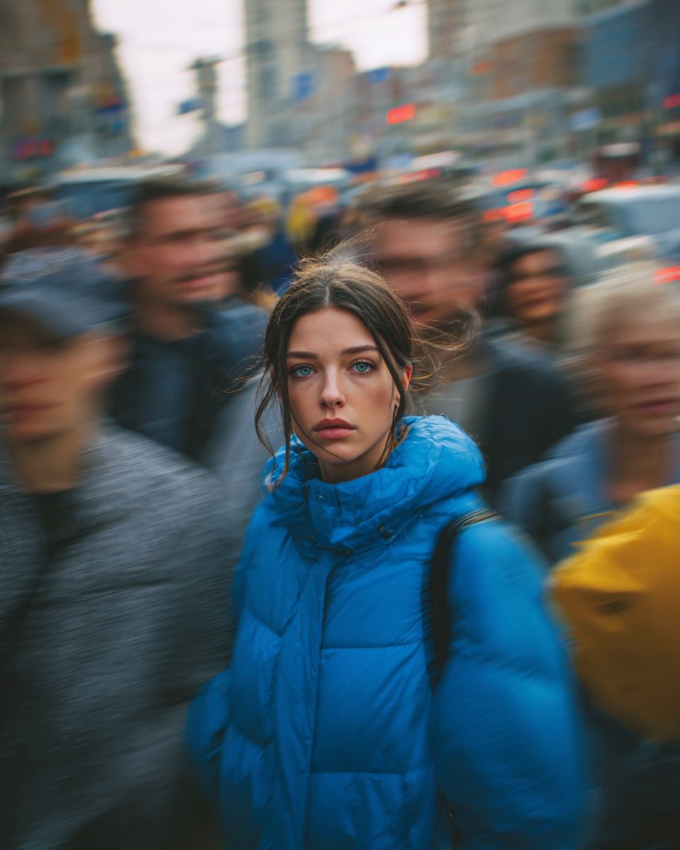 Kashberg_0's tweet image. Google Gemini Nano Banana Pro 

Prompt 1:

Prompt 1:
Ultra-realistic cinematic street portrait of a young woman in a bright blue puffer jacket standing still in the middle of a busy city crowd, intense eye contact with camera, shallow depth of field, motion-blurred pedestrians