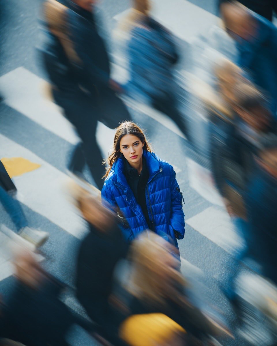 Kashberg_0's tweet image. Google Gemini Nano Banana Pro 

Prompt 1:

Prompt 1:
Ultra-realistic cinematic street portrait of a young woman in a bright blue puffer jacket standing still in the middle of a busy city crowd, intense eye contact with camera, shallow depth of field, motion-blurred pedestrians