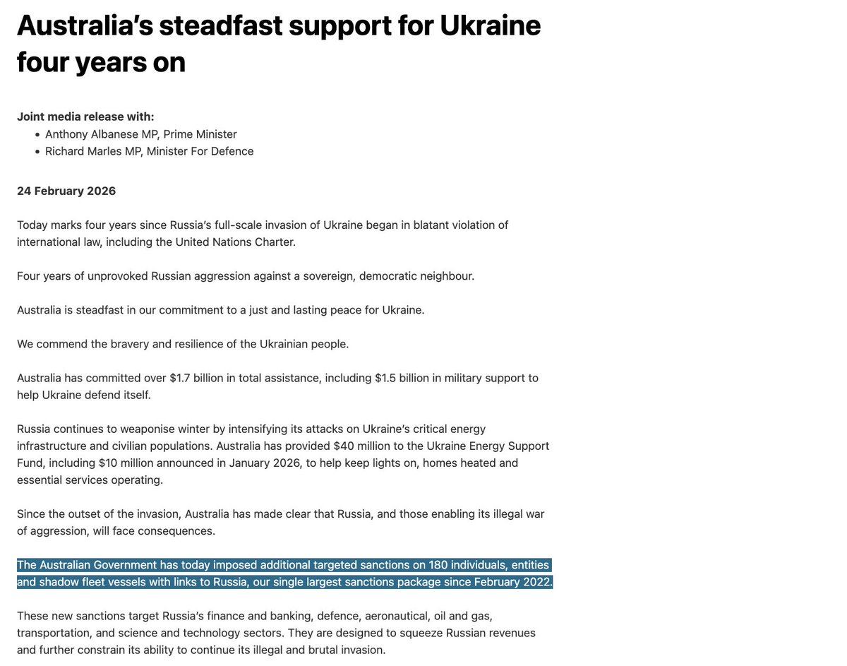 NEW!!  Australia hits Russia with largest sanctions package in 4 years as Ukraine war enters fifth year

Canberra targets 180 entities including ‘shadow fleet’ vessels and cryptocurrency firms in $1.7bn push to squeeze Moscow’s energy and tech revenues.

foreignminister.gov.au/minister/penny…