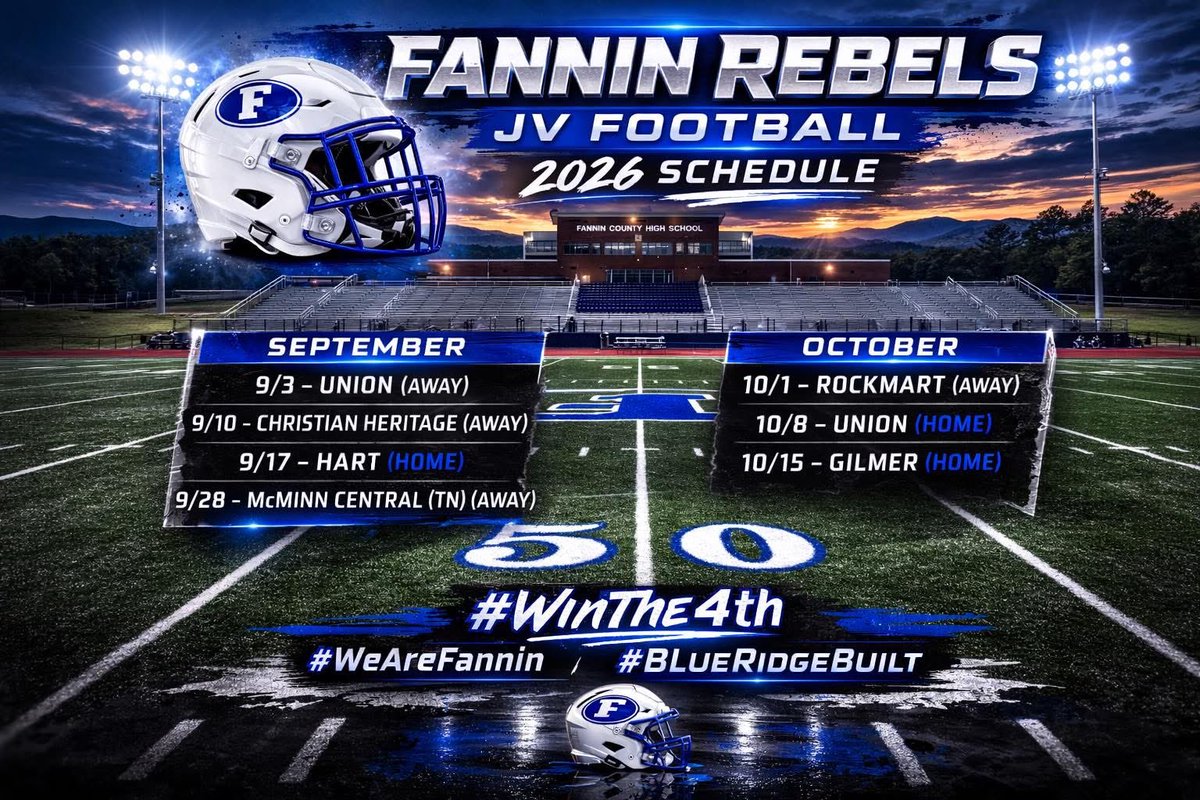 Fannincountyfb's tweet photo. 2026 JV football schedule reveal
#WinThe4th #WEAREFANNIN #BlueRidgeBuilt https://t.co/NOrxaEWfiv