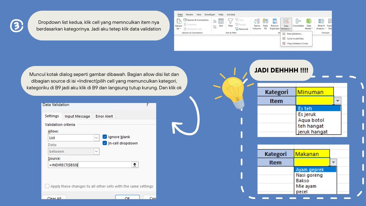 Pernah bikin dropdown list di Excel yang isinya ratusan baris sampai capek scrolling-nya? Pas pilih kategori "Elektronik", eh... malah muncul "Sapu" sama "Pel". Kan nggak nyambung! Coba  pakai Dependent Dropdown List.
Cara kerjanya simpel, seperti contohku dibawah:
✅ Pilih