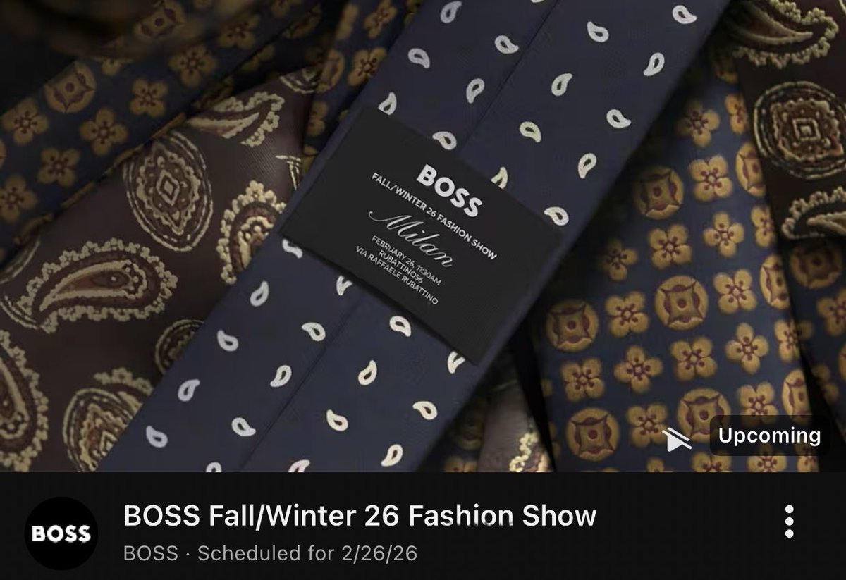 [official livestream] BOSS Fall/Winter 26 fashion show for Milan Fashion Week!

🔗 youtube.com/live/f5gm86CUX…

february 26, 2026
11:30am (cet) | 7:30pm (kst)

BOSS SCOUPS RETURNS TO MFW
#SCOUPSxBOSSFW26 #BeYourOwnBOSS
#MilanFashionWeek <a href="/pledis_17/">세븐틴(SEVENTEEN)</a>