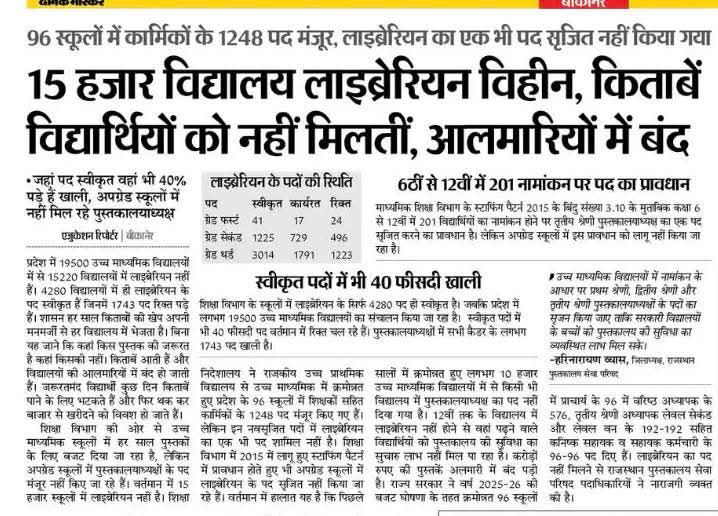 प्रदेश के स्कूलों में शिक्षकों के 1.12लाख पद रिक्त।
कैसे हो पढ़ाई जब नहीं है पढ़ाने वाले गुरुजी ।
15 हजार स्कूल लाइब्रेरियन विहीन ।
सत्र 1 अप्रैल, बच्चों की पढ़ाई का होता बंटाधार ।
<a href="/BhajanlalBjp/">Bhajanlal Sharma</a> 
<a href="/rajeduofficial/">Dept of Education, Rajasthan</a> 
<a href="/madandilawar/">Madan Dilawar</a>