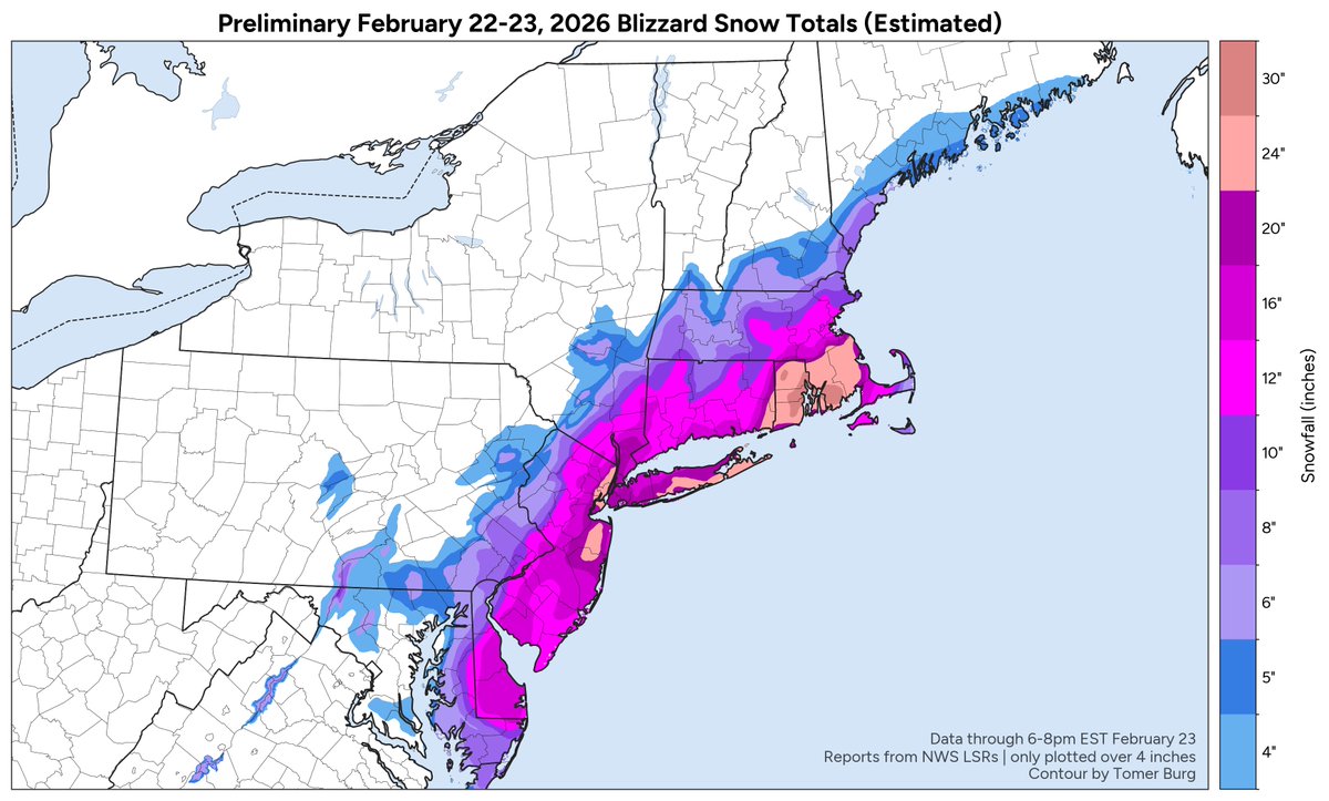 Using all public storm reports from the NWS so far, I contoured a preliminary estimated snow accumulation map for today's blizzard (through 6-8pm EST tonight).

Truly a historic storm - both in terms of impacts, and the forecast challenges leading up to it.