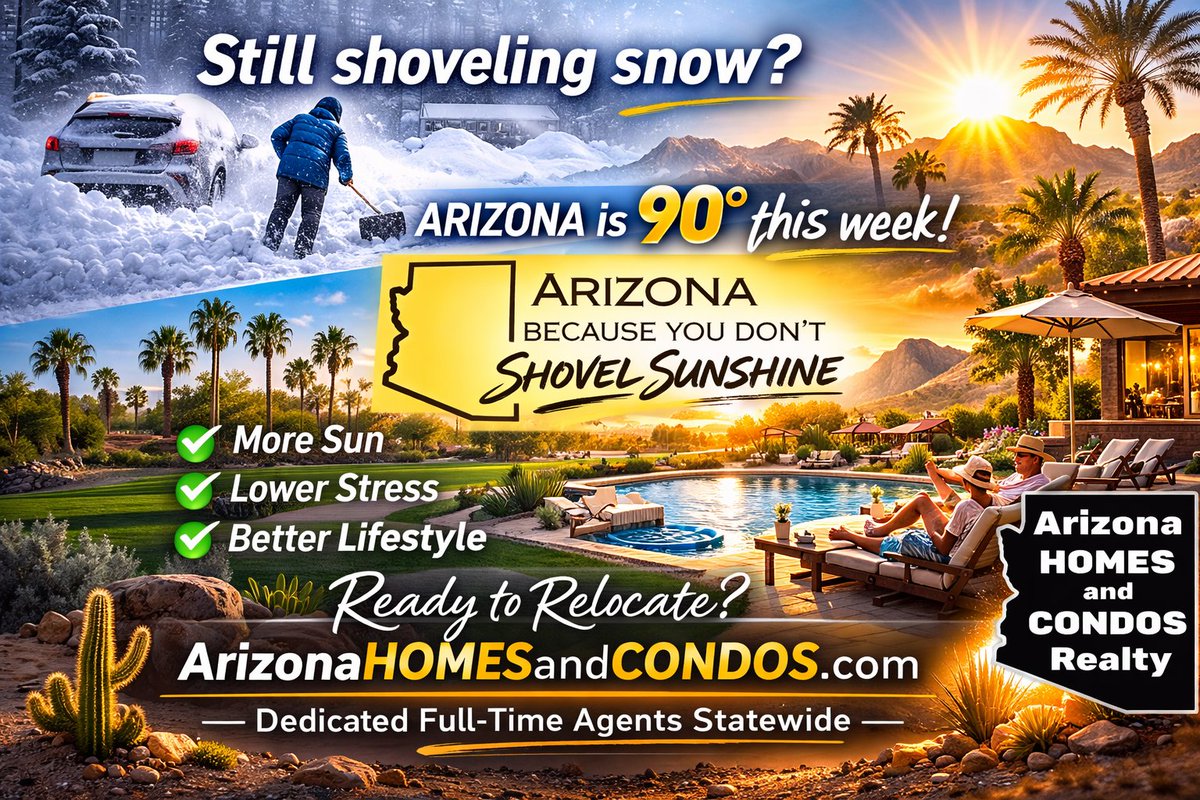 AZhomeANDcondo's tweet image. Blizzard outside. Pool weather here.
Arizona is pushing 90 degrees this week.
If you are done shoveling driveways and scraping ice, it may be time to upgrade your lifestyle.
Let’s talk relocation. ArizonaHomesandCondos.com
#ArizonaLiving #MoveToArizona #RelocateToArizona