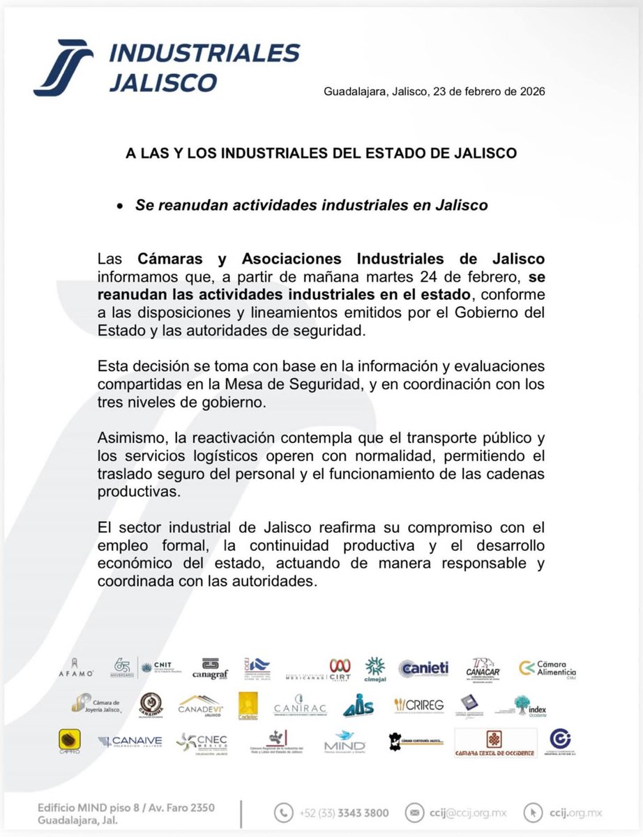Las cámaras y asociaciones de Industriales Jalisco informan que, a partir del 24 de febrero, se reanudan las actividades industriales en el estado.

La decisión se toma con base en las evaluaciones de la Mesa de Seguridad y en coordinación con los tres niveles de gobierno...