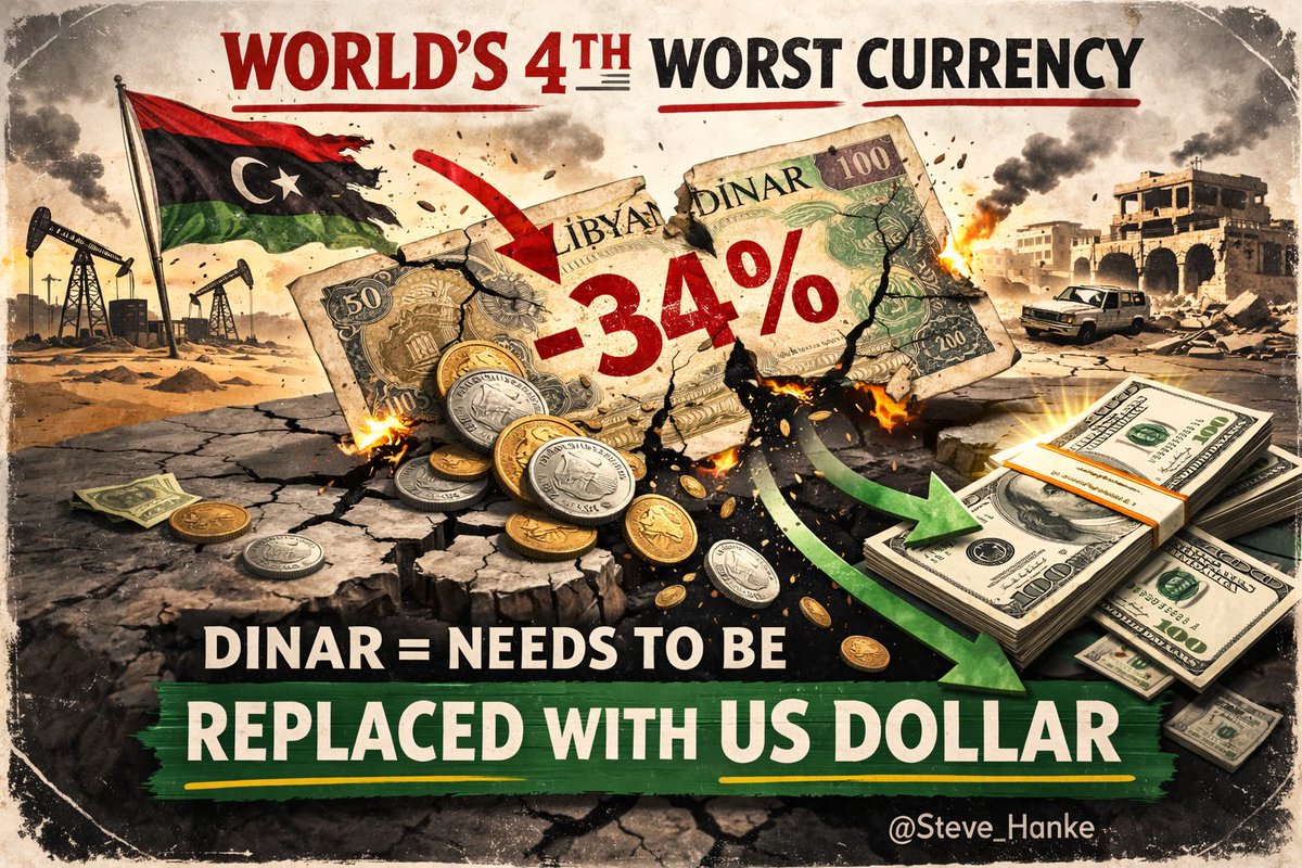 On this week's Hanke's #CurrencyWatchlist, the Libyan dinar ranks as the WORLD'S 4TH WORST CURRENCY.

The dinar has depreciated by over 34% against the USD in the past year.

DINAR = NEEDS TO BE REPLACED WITH US DOLLAR