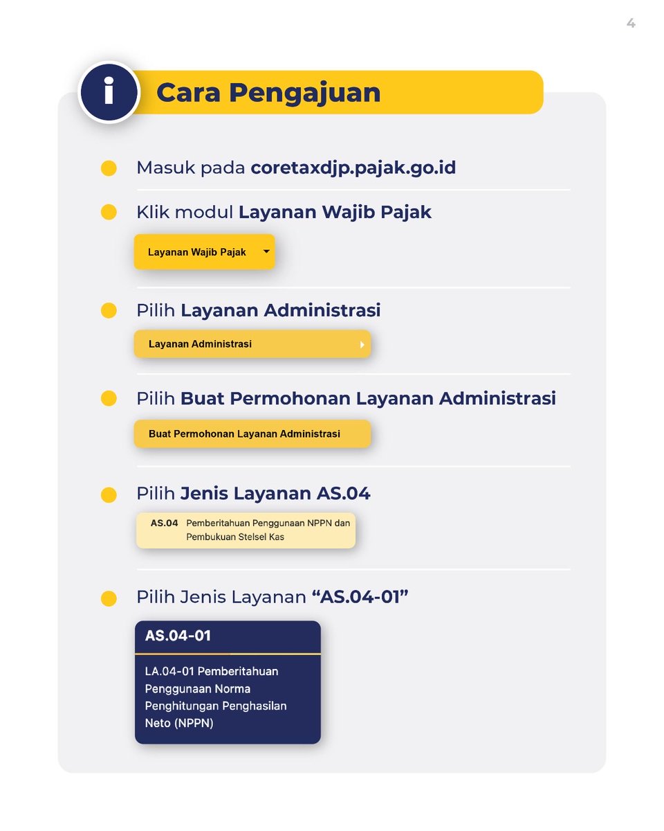 Yuks segera ajukan pemberitahuan Norma Penghitungan Penghasilan Neto (NPPN)! 

Fasilitas ini ditujukan bagi Wajib Pajak Orang Pribadi dengan omzet di bawah Rp4,8 miliar per tahun, sehingga kamu cukup melakukan pencatatan sederhana tanpa perlu menyelenggarakan pembukuan yang