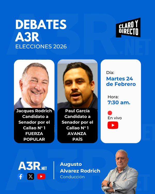 A3rNet's tweet photo. Este Martes 24 de Febrero en #ClaroYDirecto con Augusto @alvarezrodrich:
¿Cómo estará conformado el Gabinete presidido por #HernandodeSoto?
Debate por el Senado-Callao: Paul García (Avanza País) Vs. Jacques Rodrich (Fuerza Popular).
#Elecciones2026 https://t.co/fry9RLOTCJ