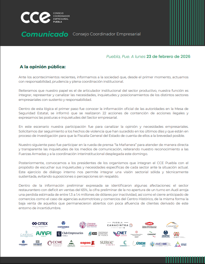 📢🏢|| El Consejo Coordinador Empresarial de Puebla emitió un comunicado ...