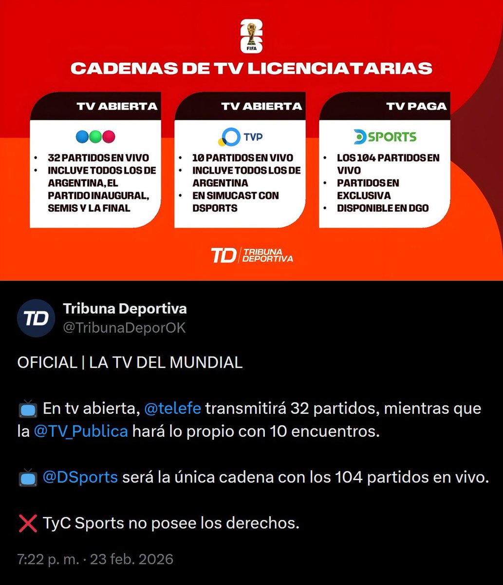 "Directv":
Porque informan que será la única cadena que transmitirá todos los partidos de la #CopaMundialFIFA 2026 en Argentina