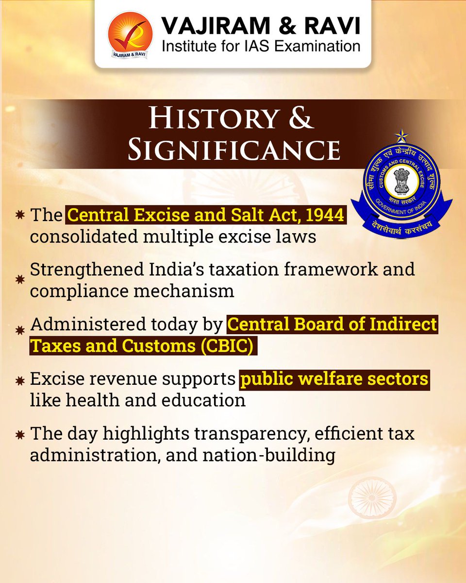 VajiramRavi's tweet photo. Central Excise Day marks the enactment of the Central Excise and Salt Act, 1944, recognising the vital role of excise duties in strengthening India’s revenue system
#CentralExciseDay #TaxAdministration #IndianEconomy #RevenueSystem #PublicFinance #Governance #EconomicStability https://t.co/DRl2hSMNlX