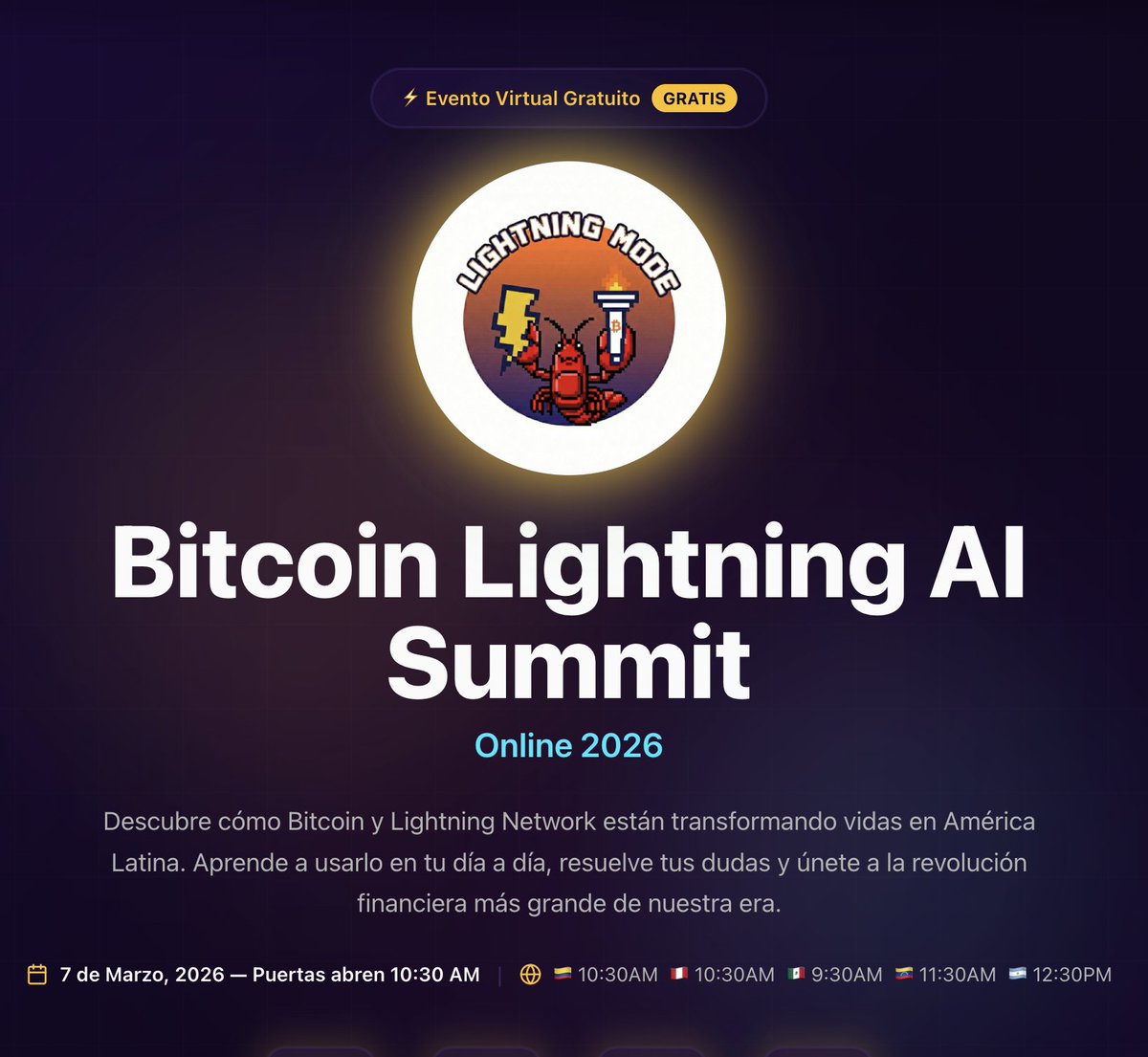 🧵⚡ Hoy Lanzamos ⚡

El Bitcoin Lightning  AI Summit está a la vuelta de la esquina.

El primer evento Online y GRATUITO dedicado a Bitcoin Lightning Network y AI en español!

¿Ya reservaste tu lugar?  👇
🔗 lightningmode.ai
