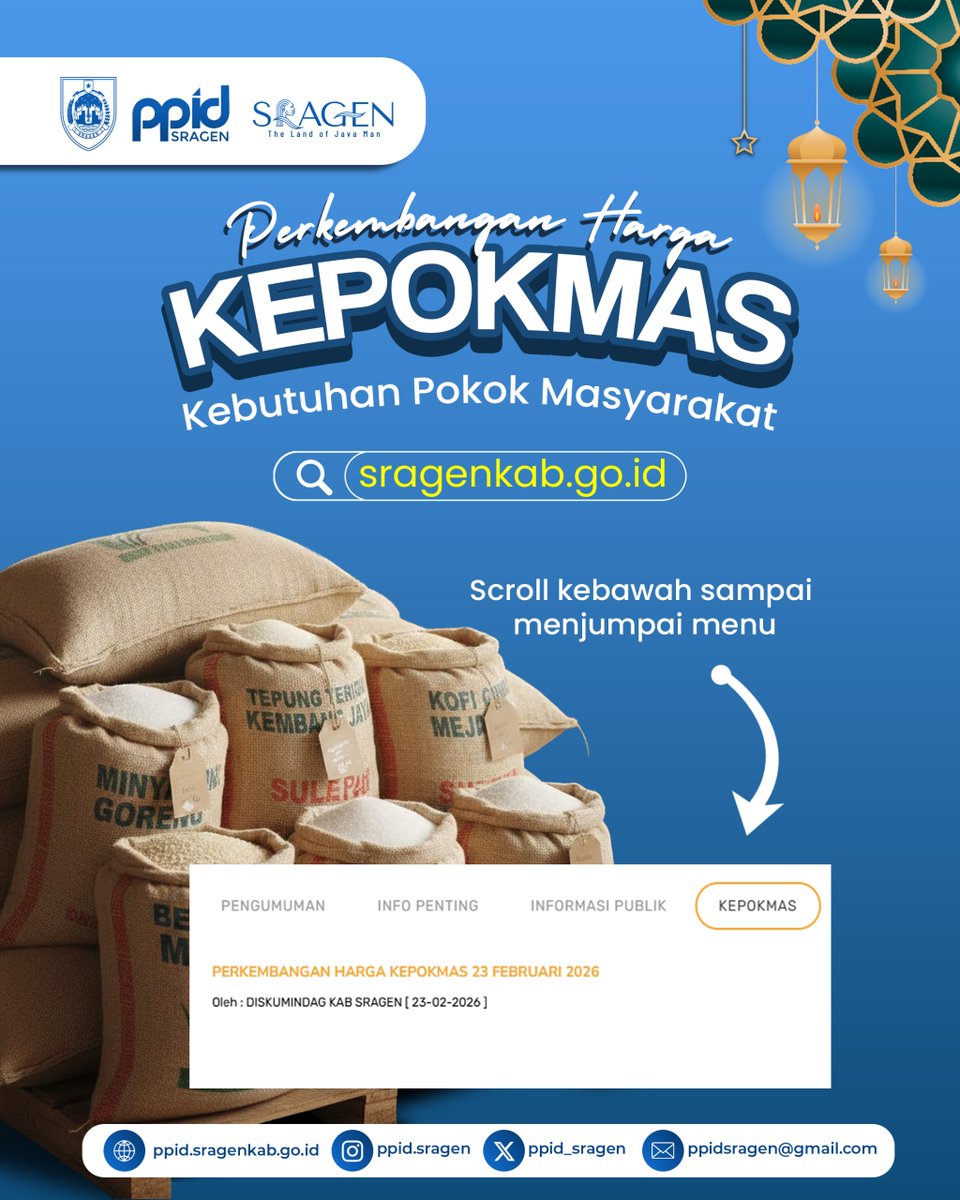 📢 Update Harga Kebutuhan Pokok

#SobatPPID pantau perkembangan harga KEPOKMAS Kabupaten Sragen secara resmi dan akurat.

🌐 sragenkab.go.id
⬇️ Scroll ke bawah
➡️ Pilih menu KEPOKMAS

#KEPOKMAS
#InfoPublik
#HargaPangan