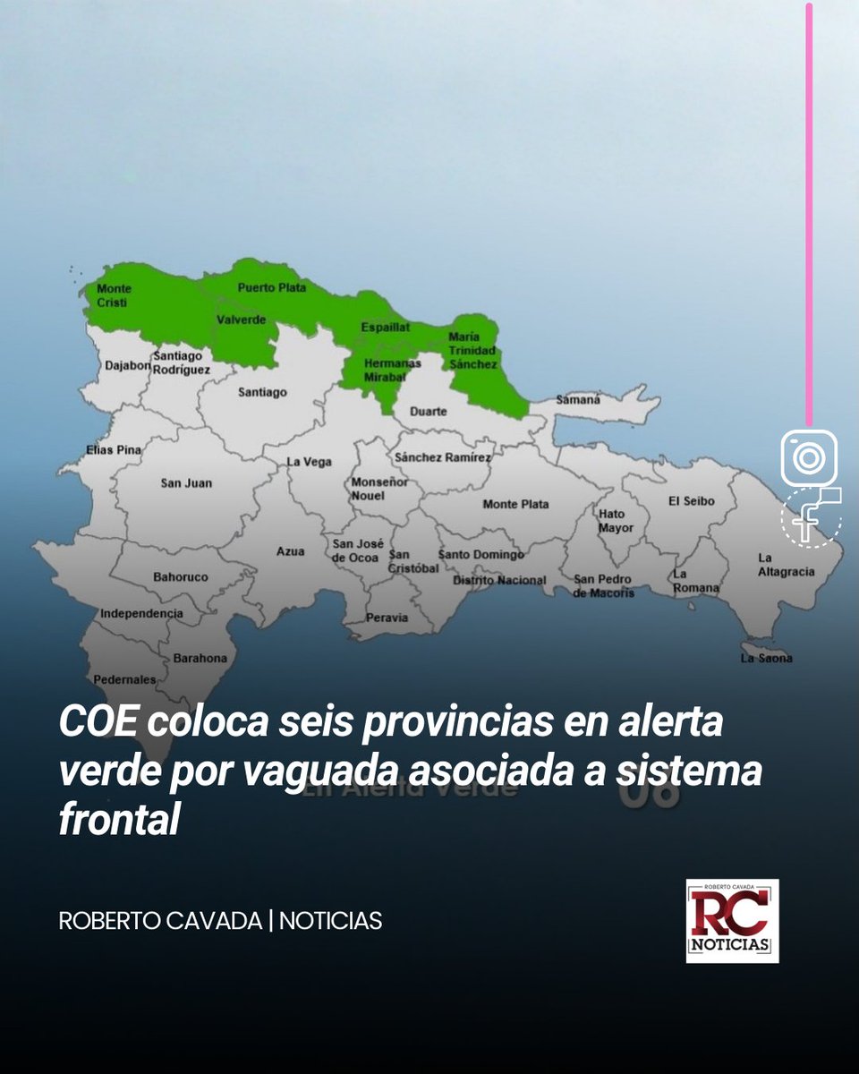 COE coloca seis provincias en alerta verde por vaguada asociada a sistema frontal

robertocavada.com/nacionales/202…

#RobertoCavada #RCNoticias #COE #INDOMET