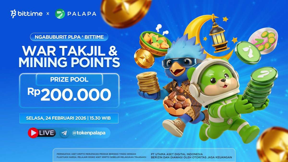 tokenpalapa_'s tweet photo. 📣 NGABUBURIT SESSION: PLPA x BITTIME LIVE

Kupas Mining Points bareng CM Palapa &amp; Bittime. Bisa tanya dan share feedback langsung!

🎁 Prize Pool: Rp200.000
🗓 24 Feb 2026 | 15.30 WIB
📲 https://t.co/qx9aVGwvrp

Join &amp; siapkan pertanyaanmu! 

#Bittime #PLPA #NgabuburitCommunity https://t.co/9P5Ef5mIbS