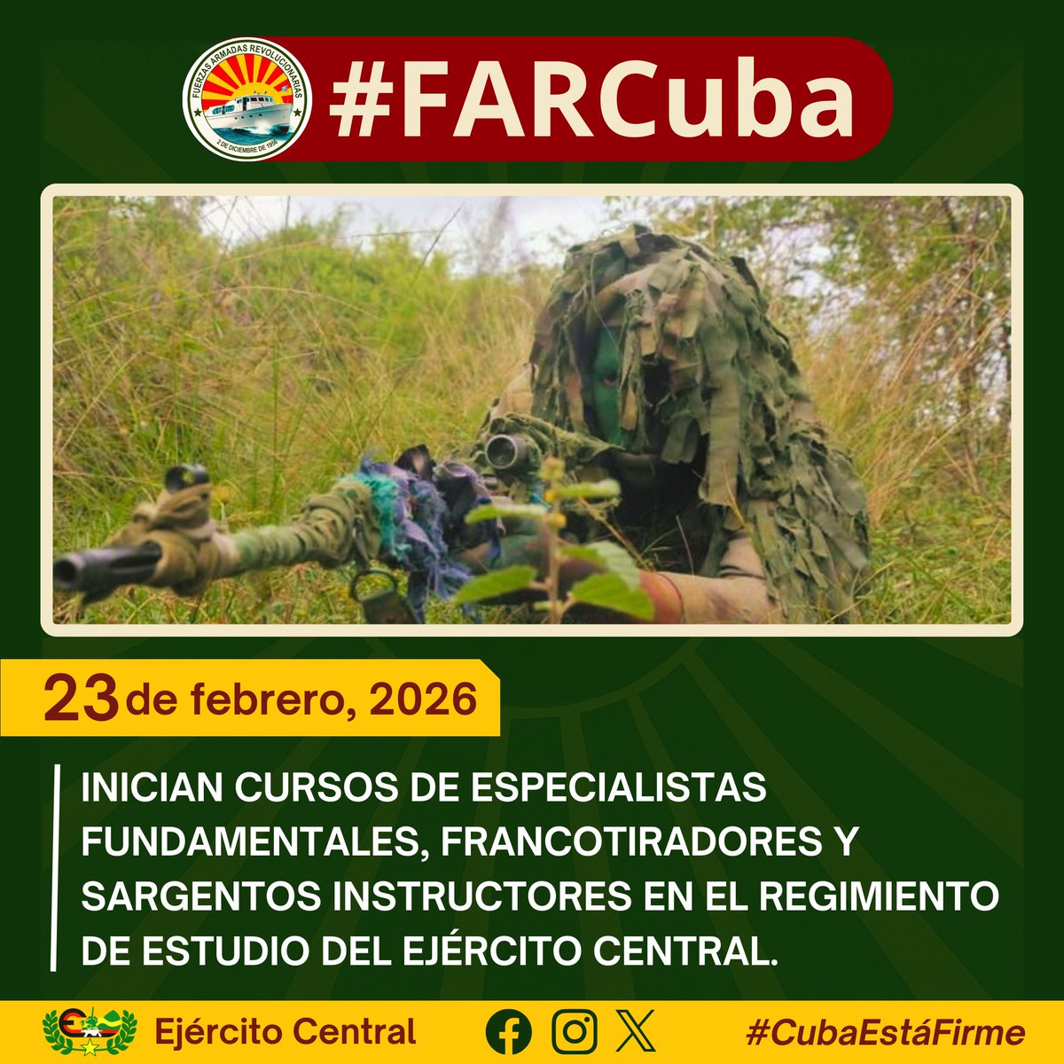 🇨🇺| Inician en el Regimiento de Estudio del Ejército los cursos de Especialistas Fundamentales, Francotiradores y Sargentos Instructores.
Jóvenes consagrados, herederos del Centenario del Comandante en Jefe, se preparan para defender la Patria.
#CubaEstáFirme #FARCuba