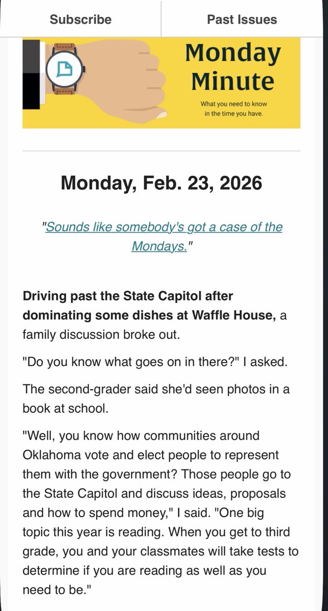 ThriceSavage's tweet image. Today got hectic, but if you missed the #MondayMinute newsletter, it featured #OfficeSpace references and an #oklaed elementary schooler's blunt assessment of the year's big #okleg literacy question: mailchi.mp/nondoc/monday-…

Out of the mouths of babes, as they say...
