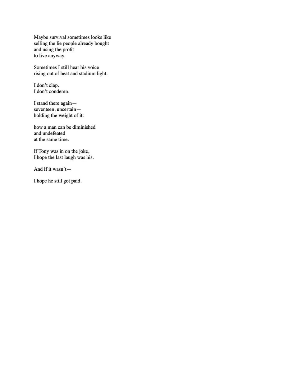 Tony The P-Nut Man a poem about a Black peanut vendor at a minor league ballpark in the 90s/00s whose exaggerated drawl I didn’t know how to understand at seventeen. It’s about performance, complicity, and the uneasy space between stereotype and survival in the modern south