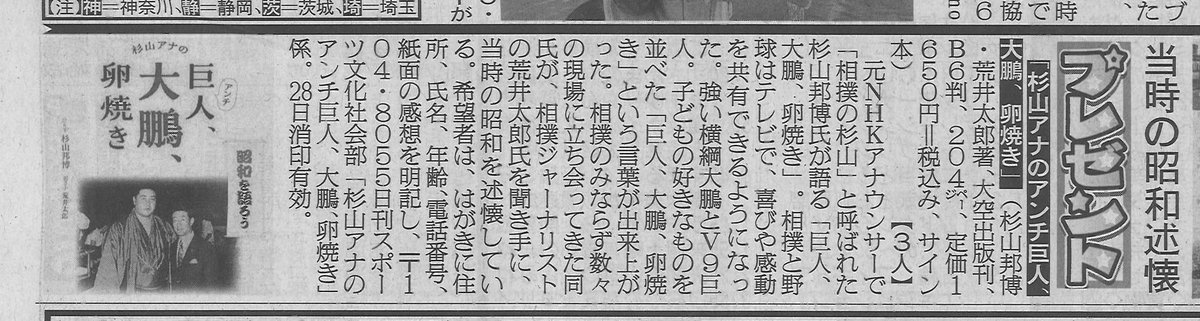 日刊スポーツ新聞2/21付に「杉山アナのアンチ巨人、大鵬、卵焼き」が