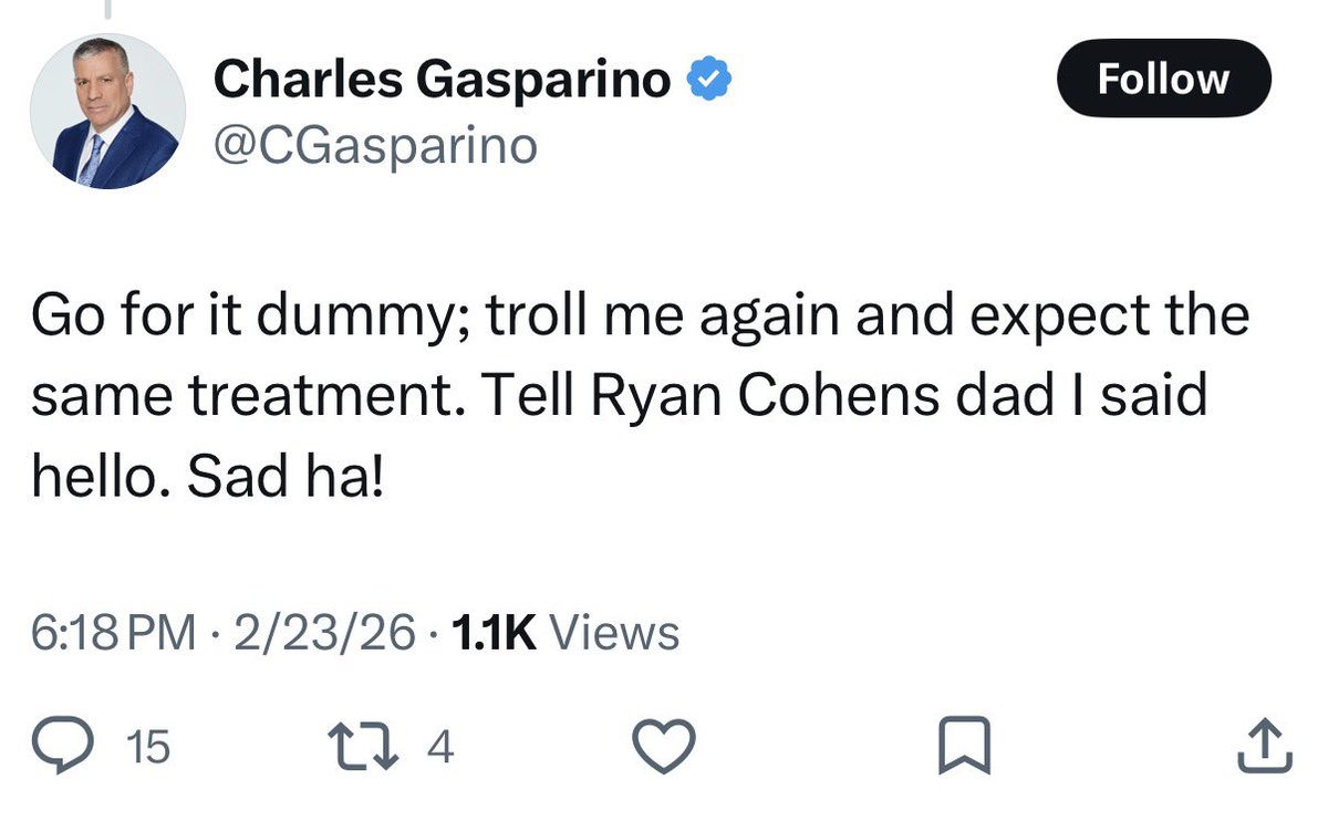 F*ck this guy. <a href="/CGasparino/">Charles Gasparino</a> 

No need to talk like this about RC’s deceased father. RC has publicly declared how important his father was to him. 

Low blow and no reason for this.

$GME