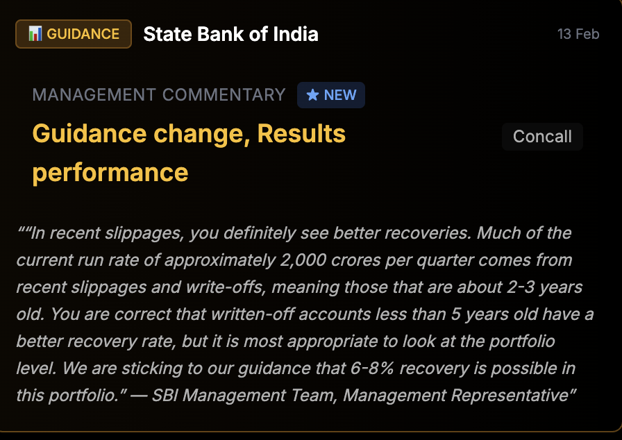 SitualAI's tweet photo. SBI has largely delivered and led the pack of strong results from PSU Banks 

Here they are on recoveries going forward in the coming quarters 

#Nifty50 #StockMarket #Sensex https://t.co/xzd5Kwd2yn