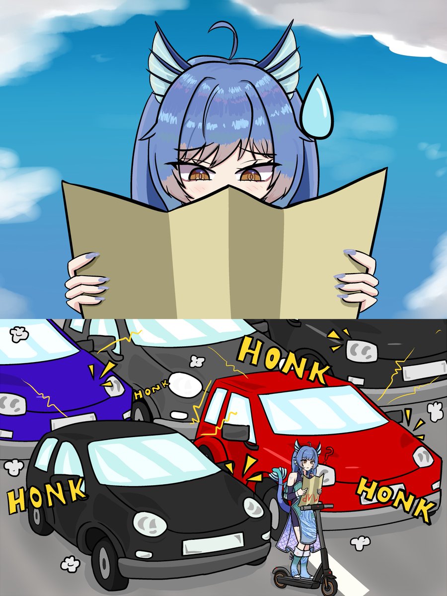 Guess who (almost) followed their GPS and took their scooter onto the highway... That's totally not something <a href="/AsaChibiVT/">Asa🌊Chibi🐈 【IRIAM FS ❙ OshiCore】</a> would do...
#Asamazingart

🎨Thanks to <a href="/cozy_nero/">Nero</a> for the commission!