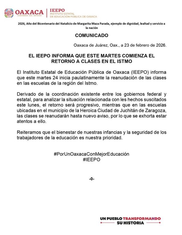 Confirma IEEPO retorno a clases, a partir de este martes, en el Istmo