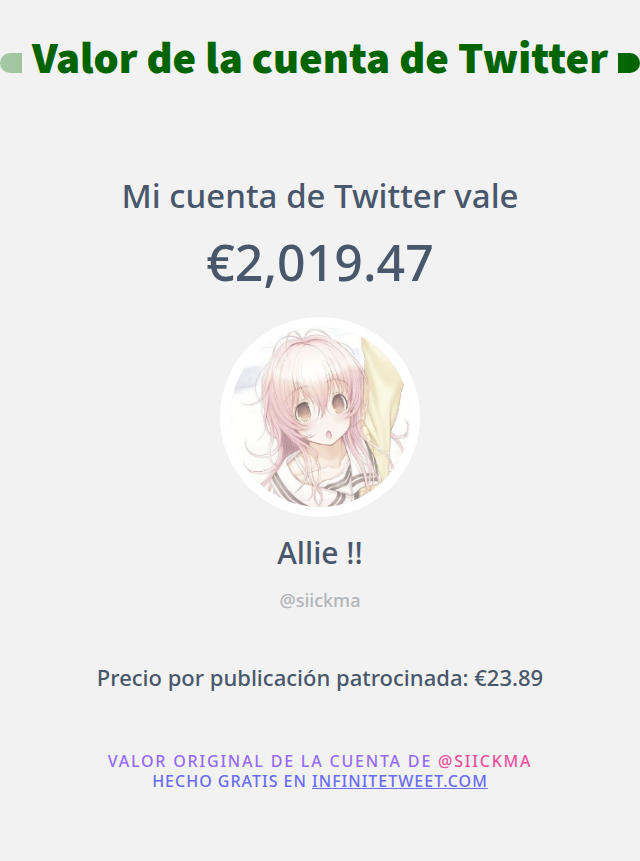 Mi valor en Twitter es de: €2,019.47

➡️ infinitetweet.me/account-worth?…