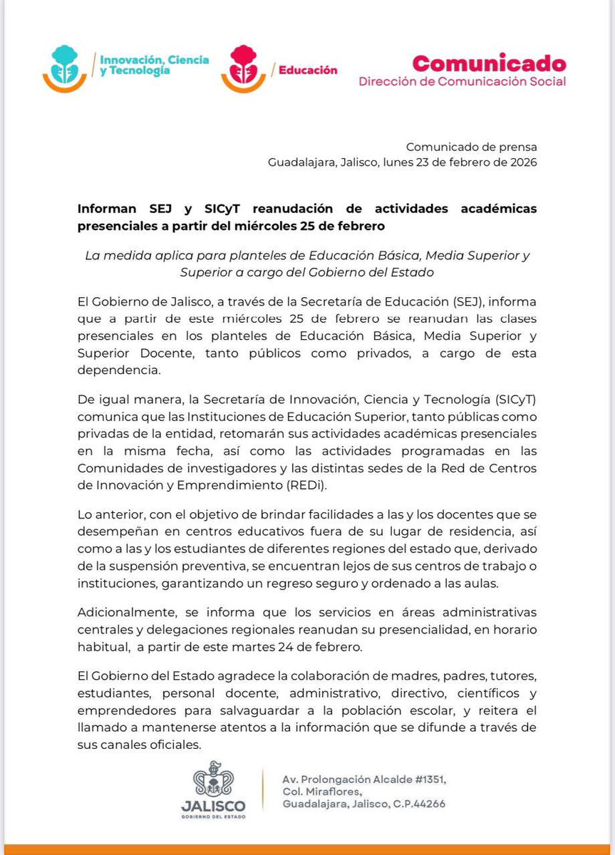 InnovacionJal's tweet photo. Priorizando en todo momento la seguridad de nuestra comunidad educativa, informamos que las actividades académicas presenciales se reanudarán el miércoles 25 de febrero.

La medida es válida para las Instituciones de Educación Superior, comunidades de investigadores y sedes REDi. https://t.co/uP5EsE5vLz