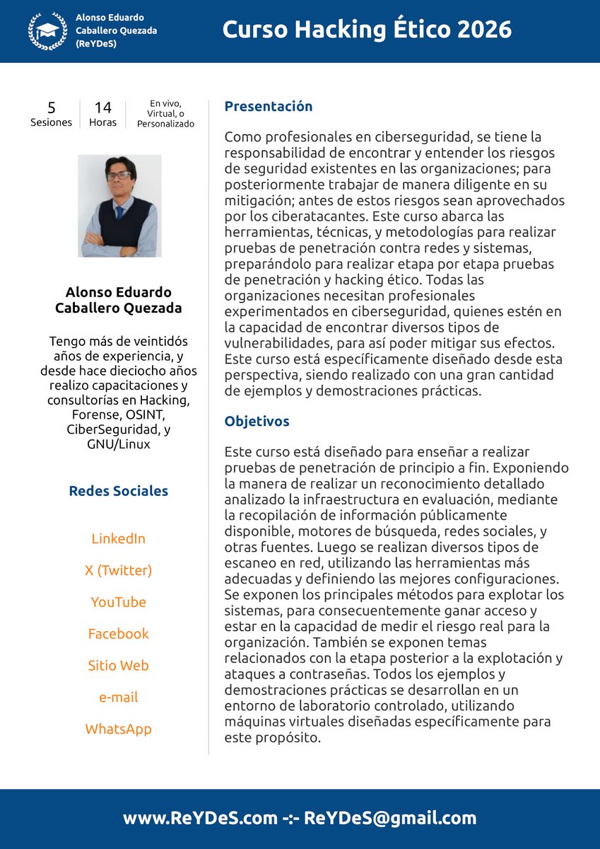Alonso_ReYDeS's tweet image. ¡Sé el cazador y no la presa! 🐺 Aprende a pensar como un ciberatacante para proteger cualquier infraestructura. 🛡️Domingos 8, 15, 22 y 29 de Marzo 2026. De 9:00 am a 12:00 pm (UTC -05:00). 📲WhatsApp: wa.me/51949304030 🌐 reydes.com/archivos/curso…

#hackers #hacker #hacking