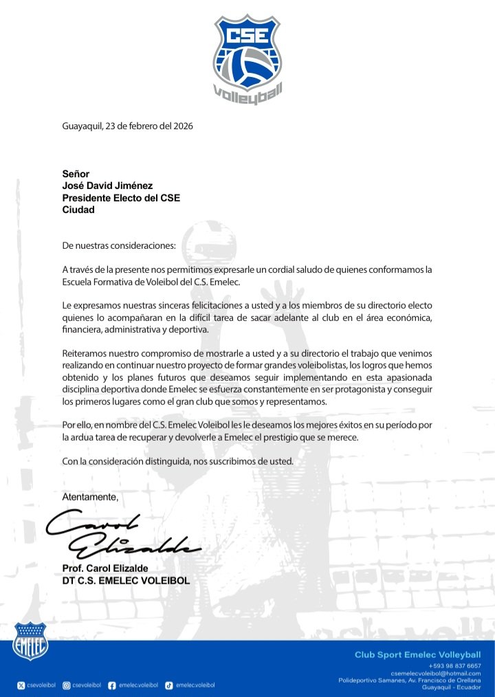 csevoleibol's tweet photo. COMUNICADO OFICIAL 📨🖊🏐
de nuestro DT @cielizaldet65

Carta de felicitación para la nueva directiva electa del @CSEmelec @JDJimenezV @cristhian_noboa @VolvamosAserCSE 
#VolvamosAserCSE https://t.co/d7wGB6ZBj6